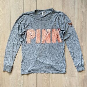 Victoria's Secret PINK Bling Rose Gold Sequin Long Sleeve T Shirt in Gray XS